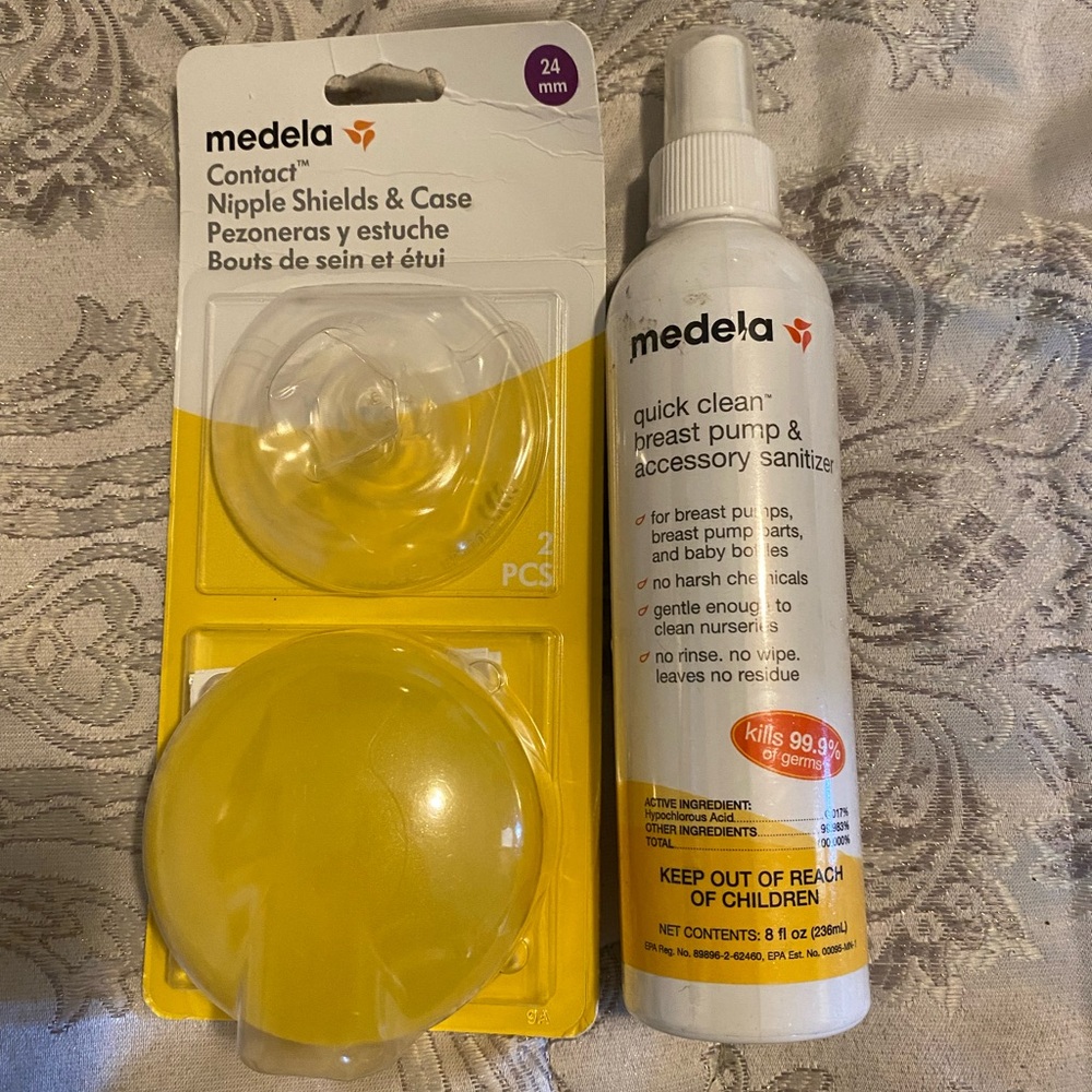Medela Clear Nipple Shields with Yellow Case and Sanitizer Spray